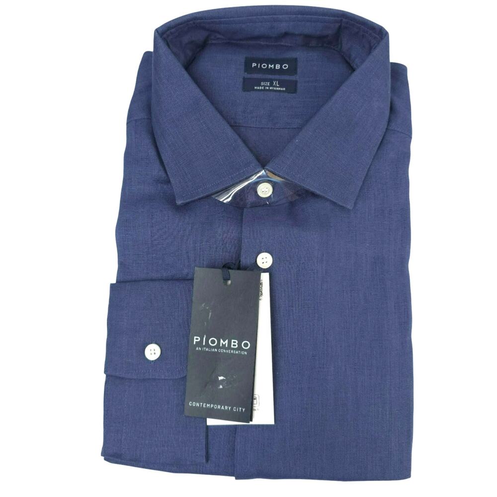 PIOMBO Linen Shirt Blue Italian Luxury Resort Casual Button Summer Lightweight